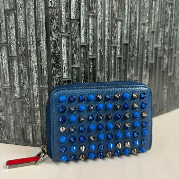 💙Christian Louboutin Panettone Blue Leather Multi Stud Spike Zip Wallet - Picture 1 of 14